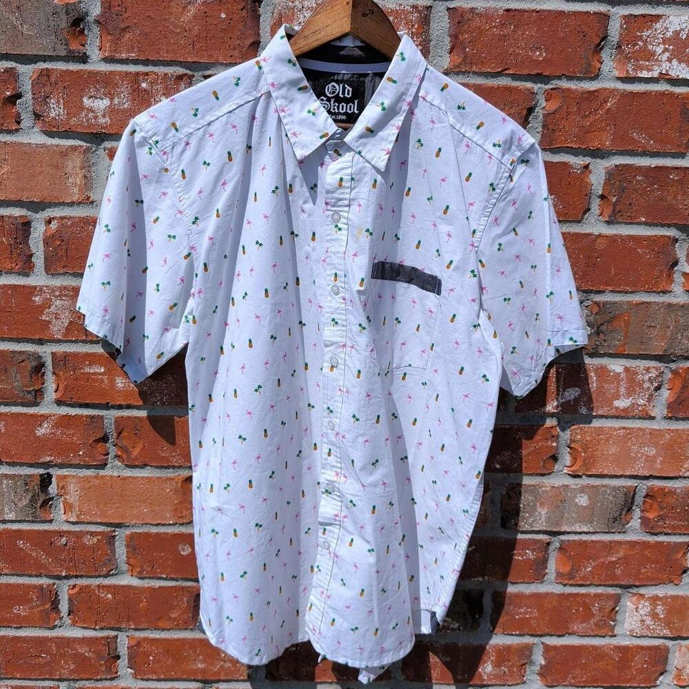 Old Skool Button Down Shirt Mens 2X White Tropical Flamingo Pineapple Cotton